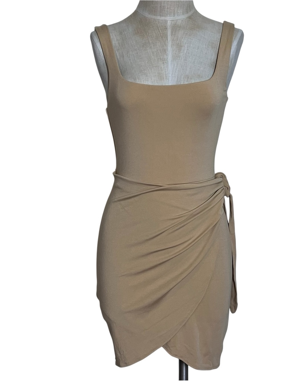 Aritzia Wilfred Saturn Wrap Bodycon Mini Dress Sandy Beige Small - Picture 5 of 14
